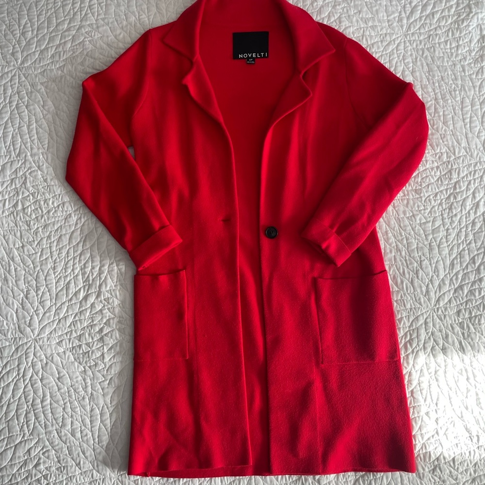 Red Long Blazer-Style Cardigan Sweater (Size S)